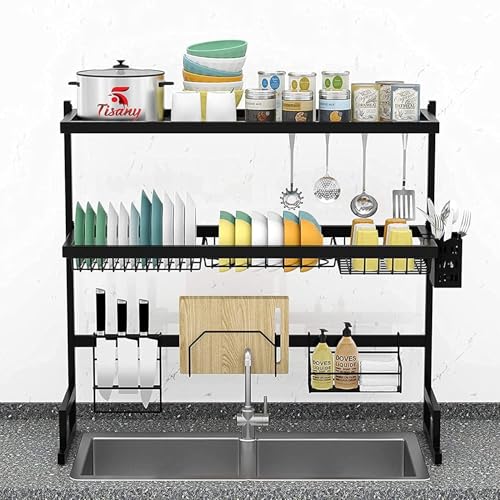 Image of 3 Tier Adjustable Height Kitchen Dish Rack over Sink for Double Sink, Black Dish Drying Rack MS Steel Display, Rust Proof