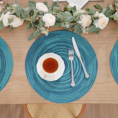 Image of SHACOS 15 inch Round Placemats Set of 4 Variegated Multicolor Place Mats Cotton Polyester Braided Non Slip Washable Heat Resistant Table Mats for Home Wedding Dinner Party Table Decor, Rainbow Teal