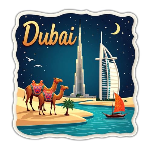 Image of Naxon Dubai Souvenir Wooden Fridge Magnet - 3x3 Inch Travel Collectible Refrigerator Magnet | Burj Khalifa, Palm Jumeirah, Desert Safari Design | Wooden Kitchen Decor & Gift | Pack of 1