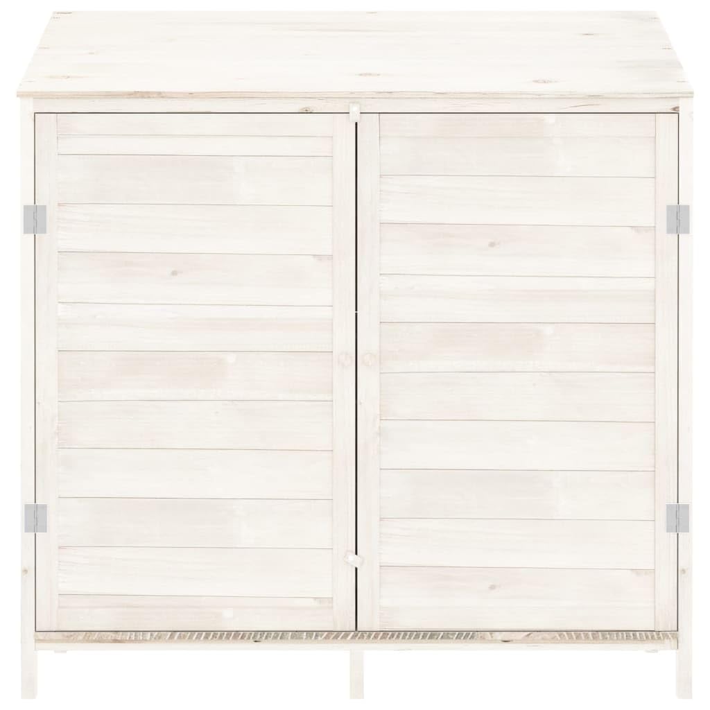 Szczyt ogrodowy z litego drewna jodłowego w kolorze białym, 102x52x112 cm, duża przestrzeń do przechowywania narzędzi ogrodowych i sprzętu zewnętrznego, solidna i stabilna rama