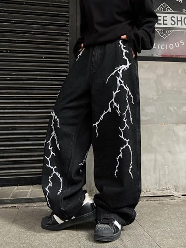 Men's Hip-hop Embroidered Baggy Jeans Loose Fit Denim Black Trousers4