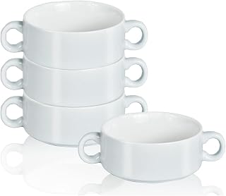 TAOCIGOU Cuencos de sopa de cebolla francesa con asas, cuencos apilables de 12 onzas, cuencos de sopa de cerámica, aptos para lavavajillas, horno, microondas, juego de 4 cuencos grandes (color blanco)