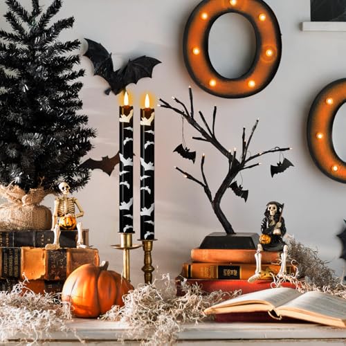 Image of Eldnacele Halloween Bats Flameless Taper Candles Battery Operated with Remote Timer, Set of 4 Black Real Wax 3D Wick LED Flickering Candles Spooky Halloween Indoor Decor(0.78 inch D x 9.64 inch H)