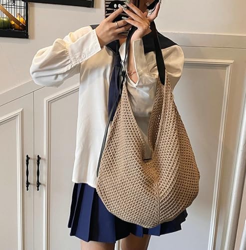 Slouchy Crochet Tote Bag for Women Mesh Summer Beach Purse 2025 Boho Knitted Shoulder Bag Adjustable Crossbody Bag2