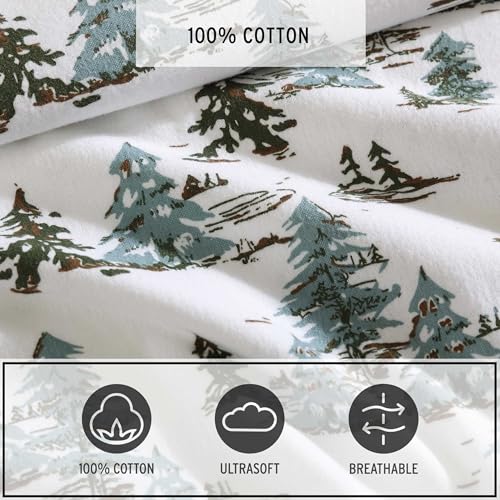 Image of Eddie Bauer - Flannel Sheets King Size, Anti-Pilling & Wrinkle Resistant Cotton, Touchably Soft for All-Season Comfort - Bed Sheets with Matching Pillowcases & Fitted Sheet (Snowy Pine Trees Green)