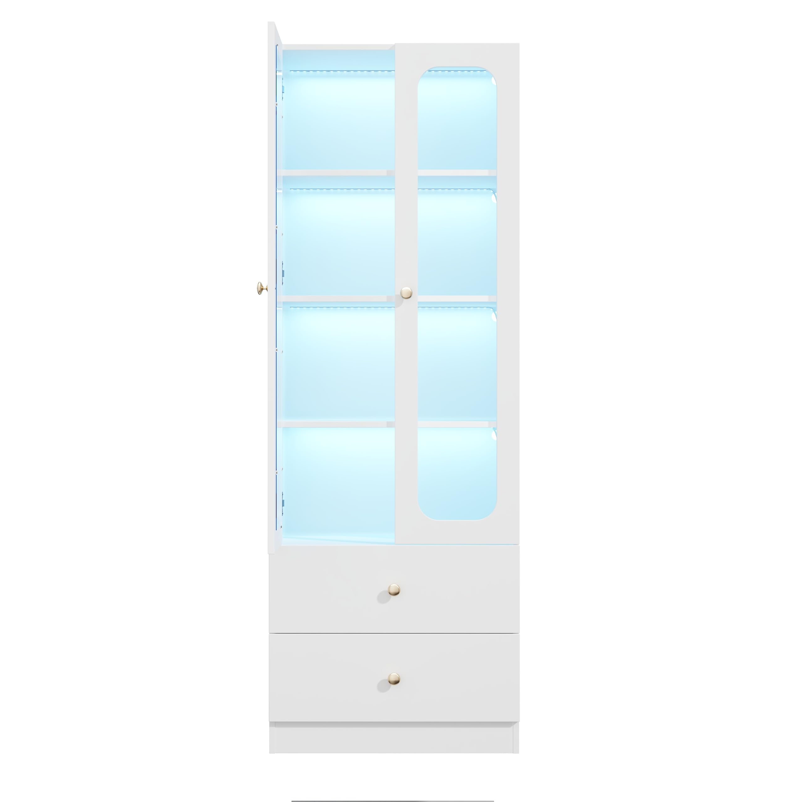 Vitrina de cristal blanco, armario de cocina, vitrina coleccionable, 4 niveles, armario de juguetes con 2 cajones, asas de metal doradas, 60 x 35 x 170 cm