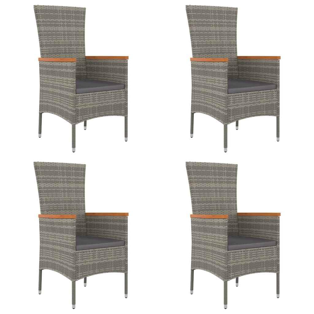 Fengshui Set di 4 sedie da giardino in polyrattan grigio con cuscino | telaio in acciaio, braccioli in legno di acacia, cuscino spesso imbottito, facile da pulire