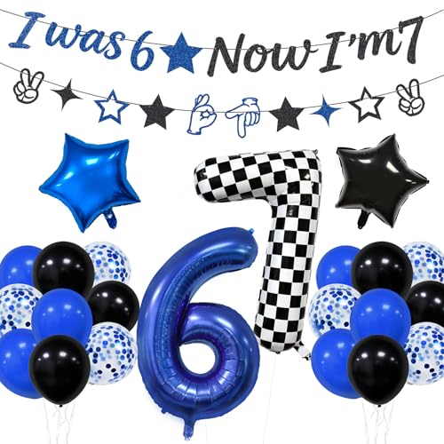 Image of 6 7 Birthday Decorations Six Seven Theme Birthday Party Decor Happy Birthday Decoration Funny 6 7 Meme Party Supply with I was 6 Now I'm 7 Banner 6 7 Balloon Blue Black and Checkered Balloons