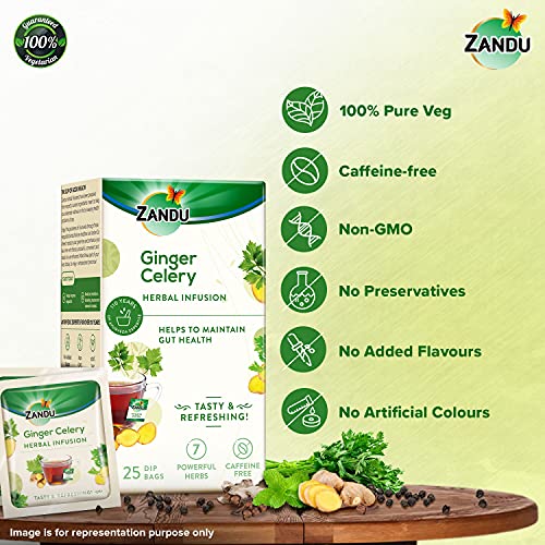 Image of Zandu Ginger Celery Herbal Infusion, a Herbal Tea Enriched with Ayurvedic Ingredients (25 Tea Bags)