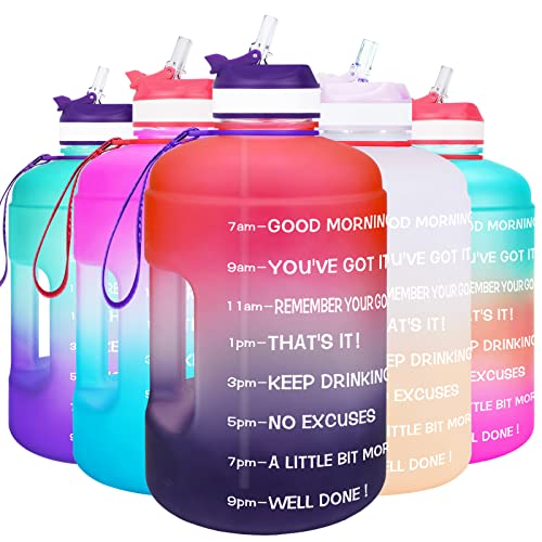 BuildLife Gallon Water Bottle with Straw - Gallon Water Jug - 128oz Leak Proof Large Gallon Water Bottles with Times to Drink - BPA Free Motivational 1 Gallon(Red Purple)