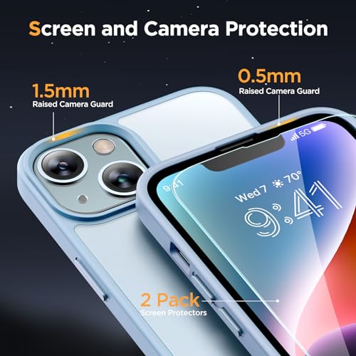 Image of Miracase Magnetic for iPhone 14 Case 6.1 inch (Compatible with MagSafe)(with 2X Screen Protectors) Military-Grade Protection, Anti-Fingerprint Translucent Matte Phone Case Cover, Light Blue
