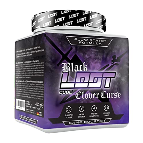 LOOT®   Edición limitada BLACK Juego Clover Curse Game Booster | con fórmula de estado® de flujo | 50 porciones (400g) con cafeína | 20 ingredientes en dosis altas | Grosella negra mora