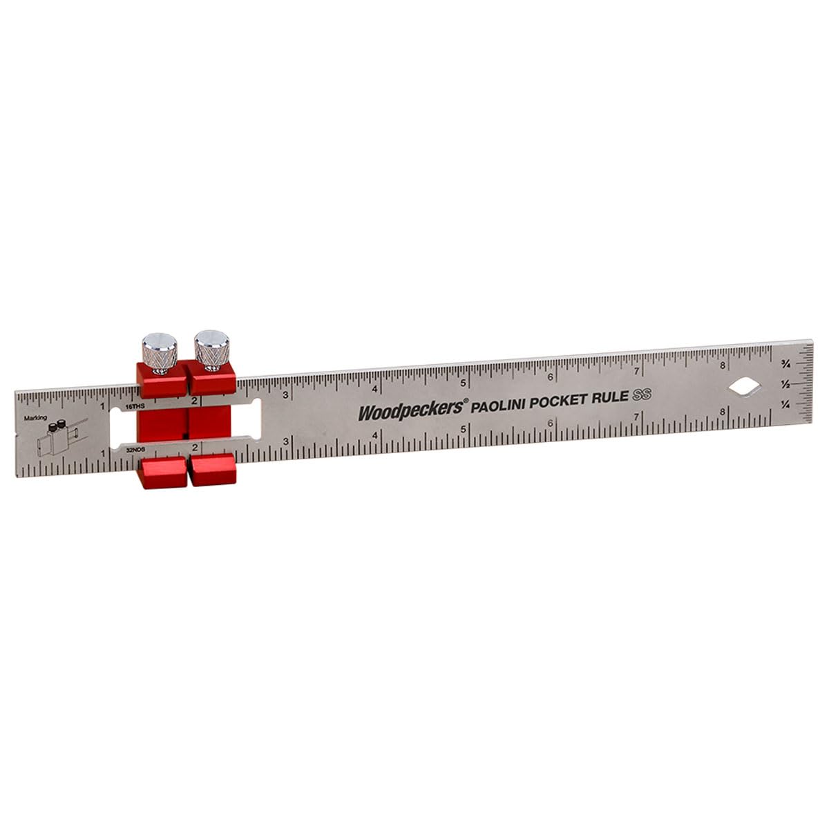 Woodpeckers Paolini Pocket Rule, Stainless Steel, 200mm, Metric Woodworking Ruler, Sliding Stop, Vertical End Scale, Scribing Notch, Engraved Scale