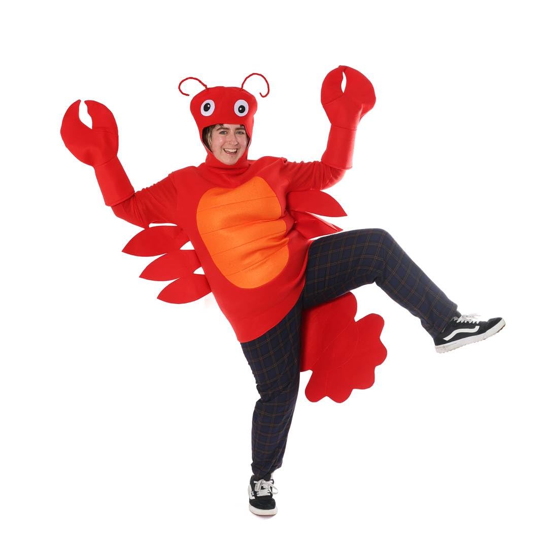 Adults Lobster Costume - Red All-in-One Suit with Attached Lobster Headpiece, Red Claw Gloves - Mens Womens Unisex Sea Creature Animal Fancy Dress Costume