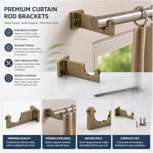 Image of Urban Elite Aluminum Curtain Rod Brackets - Heavy-Duty Wall Mount Clamps for Curtain Rod Support for Door and Window Curtain Rods with Screw and Wall Plug - Pack of 2PCS (EliteCurve) (Brass Antique)