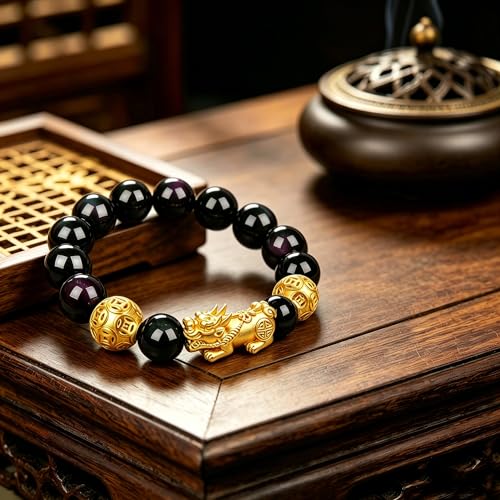 Image of LIYAPEI Black Obsidian Bracelet for Men Women - Feng Shui Wealth & Spiritual Protection Beaded Bracelet with Pi Xiu for Luck, Healing Crystal Stretch Wrist Jewelry, Unisex