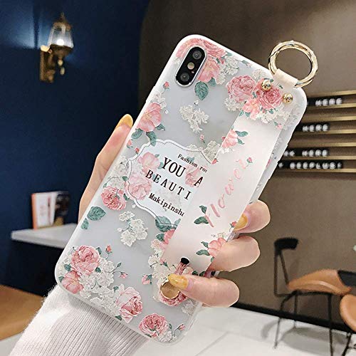 Robinsoni Case Compatible with iPhone XS Semi-Transparent Floral Flower Pattern Cover for Girls Women TPU Silicone Wrist-Band & Mental Ring Case Glitter Floral Cover Shockproof Bumper Back Case
