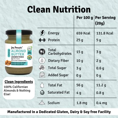 Image of Jus' Amazin Creamy Almond Butter - Unsweetened (125 g) Pack of 2 | 25% Protein | Only Whole Almonds (100% Pure) | Zero Additives | 100% Natural | Vegan | Dairy Free | Keto | Plant Based Nutrition | Clean Nutrition