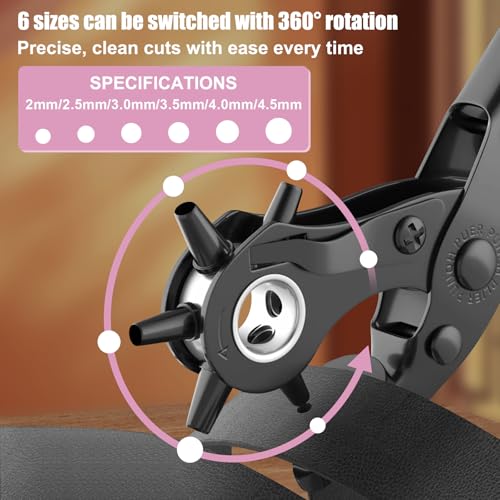 Image of Leather Hole Punch Set, Diyife Revolving Punch Plier Kit, Multi Sized for Belt, Watch Band, Shoes, Crafting, Saddles, Handbag Straps, Fabric or DIY, Pink