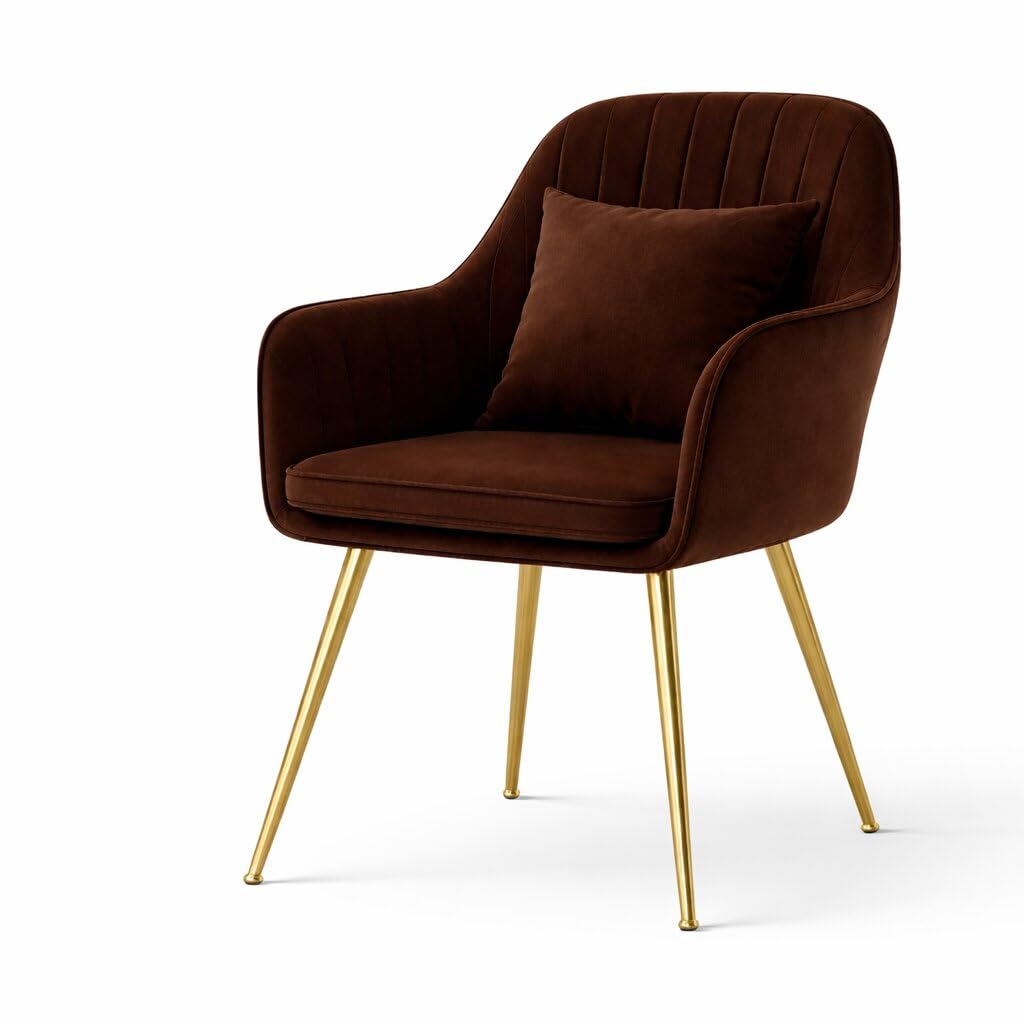 Toxigo Velvet Living Chairs, Garden Office Restaurant, Modern Contemporary Upholstered with Polished Gold Metal Single Chair with Pillow Modern (Brown) 3