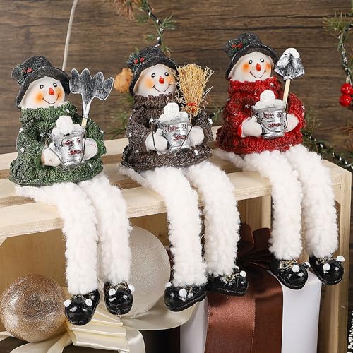 Lulu Home Christmas Snowman Decorations - 3 Pack Resin Snowman Shelf Sitters with Plush Dangling Legs for Winter Xmas Tabletop Mantel Fireplace Home Holiday Decor