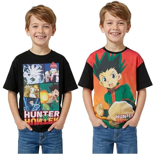 Hunter x Hunter T-Shirt Jungen 716 Jahre 2er Pack Weich Kurzarm Baumwolle Shirt Lässig Sommer Kinder Top Anime Geschenke für Kinder (13-14 Jahre Multi Schwarz Hunter)