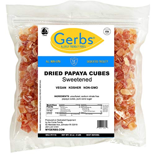 GERBS Dried Papaya Cubes, 32 ounce Bag, Unsulfured, Preservative, Top 14 Food Allergy Free