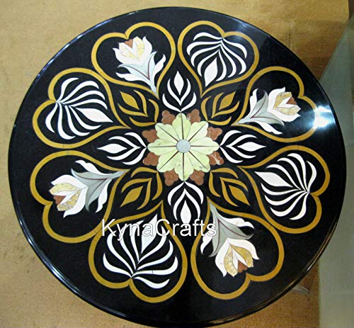 23 x 23 Inches Center Table Top with Pietra Dura Art Round Shape Black
