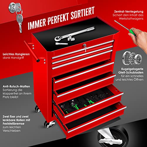 Masko® Werkstattwagen - 7 Schubladen, rot ✓ Abschließbar ✓ Massives Metall | Mobiler Werkzeug-Wagen ohne Werkzeug | Profi Werkstatt-Wagen | Rollwagen zur Werkzeugaufbewahrung mit Schloss | – Bild 4