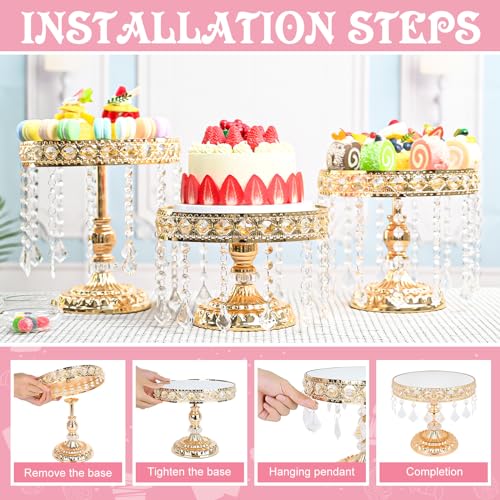 3 PCS Round Cake Stand with Crystal Bling Pendants European Style Lace Cake Plate Golden Premium Display Stand with Crystal Bling Pendants Dessert Showcase Set for Birthday Parties,Wedding,Banquet - Image 5