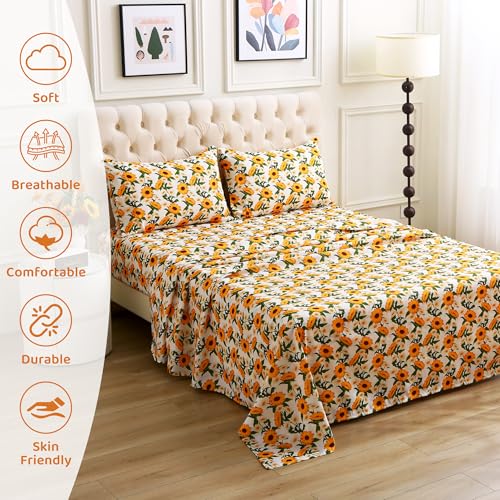 Image of Mooreeke Cozy Vintage Microfiber Printed Floral Full Sheet Set - Soft & Breathable Yellow Sunflower Bed Sheets with Extra Deep Pocket - Non-Slip Fitted Design - Sunflower Pattern - Full