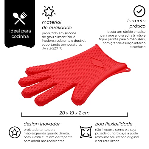 Mimo Style Luva de Silicone Vermelha 5 Dedos, Suporta Temperaturas de Até 220ºC Sem Transferência de