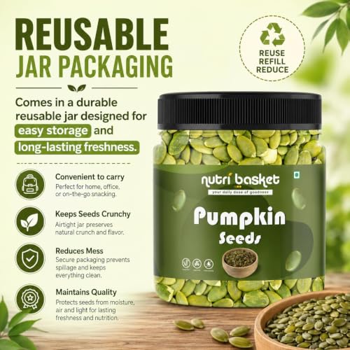 Image of NUTRIBASKET Premium Pumpkin Seeds | Raw Pepitas for Snacking, Baking & Cooking | Protein & Fiber Rich Healthy Seeds | Natural Superfood Snack | Reusable Jar Pack | Vegan & Gluten Free (400g x 2)