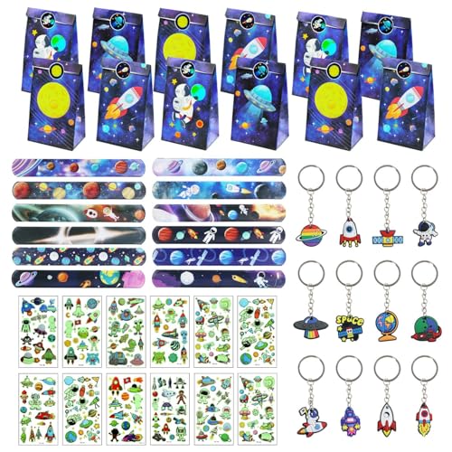 Hmfmdy Set de Accesorios Fiestas de Espaciales, 48Pcs Juguetes Cumpleaños Infantiles, Regalos Cumpleaños Niños, Fiestas de Cumpleaños Espacio, Fiestas de Cumpleaños Espacio, llaveros, pegatinas