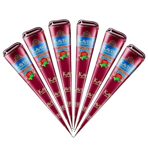 Cône naturel Kaveri 6 x 25g - Sans PPD ni produits chimiques, longue durée | Testé dermatologiquement pour des décorations créatives Facile à appliquer...