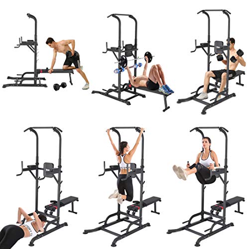 UBOWAY Power Tower with Bench: Pull Up Bar Stand Dip Station Adjustable Height Heavy Duty Multi-Function Fitness Training Equipment Home Gym