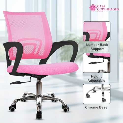 Image of Casa Copenhagen Mesh Mid Back Office /Study /Computer /Revolving /Desk Chair for Work from Home -Metal Base, Height Adjustable Seat- Pink & Black Handle