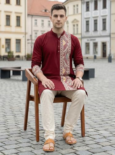 Image of Men's Jamdani Printed Kurta Pajama Set | Pure Cotton Ethnic Kurta with Mandarin Collar & Dupion Silk Pyjama | Festive & Weddings 303A12A 303SB12B(M XXL)