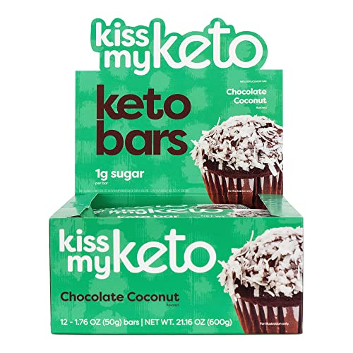 Kiss My Keto Protein Bars â€“ Chocolate Coconut Keto Bars â€“ 18g MCTs 1g Sugar 3g Net Carbs Keto Snack Bars â€“ Keto Food Protein Bars Low Sugar Low Carb â€“ Keto Chocolate Meal Replacement Bar (12-Pack)