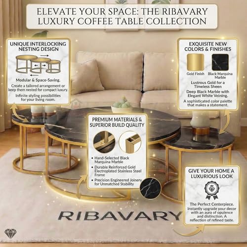 Image of Round Coffee Table Set of 3, Marble Laminated Accent Center Table with Sturdy Metal Base | Modern Foldable Nesting Stacking Tables for Living Room, Bedroom, or Apartments (Golden-Black)
