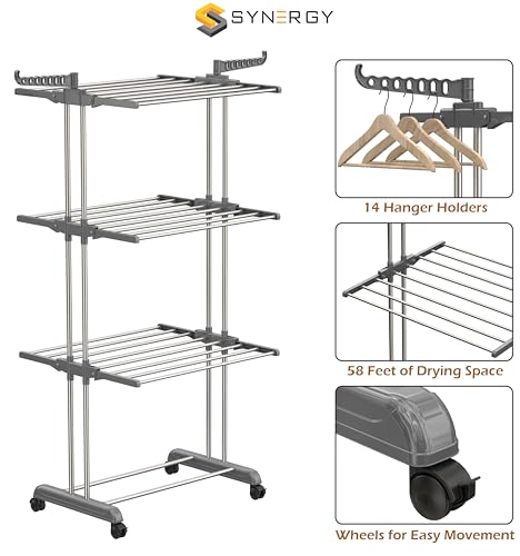 Image of Synergy - Premium Heavy Duty Stainless Steel Clothes Drying Stand | Cloth Dryer Stand | Cloth Stand for Drying Clothes Foldable | Cloth Hanging Stand | Cloth Drying Stand (3-Tier) Grey - SY-CS20