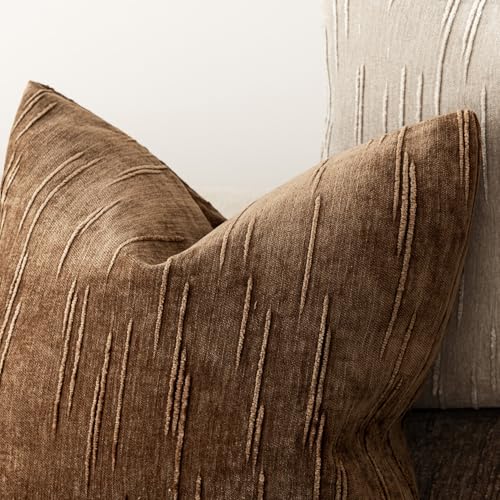 Image of Foindtower Pack of 2 Slubby Textured Chenille Throw Decorative Pillow Covers Square Accent Solid Cushion Cover Neutral Farmhouse Pillow Case for Couch Sofa Bedroom Living Room 24x24 Inch,Dark Bronze