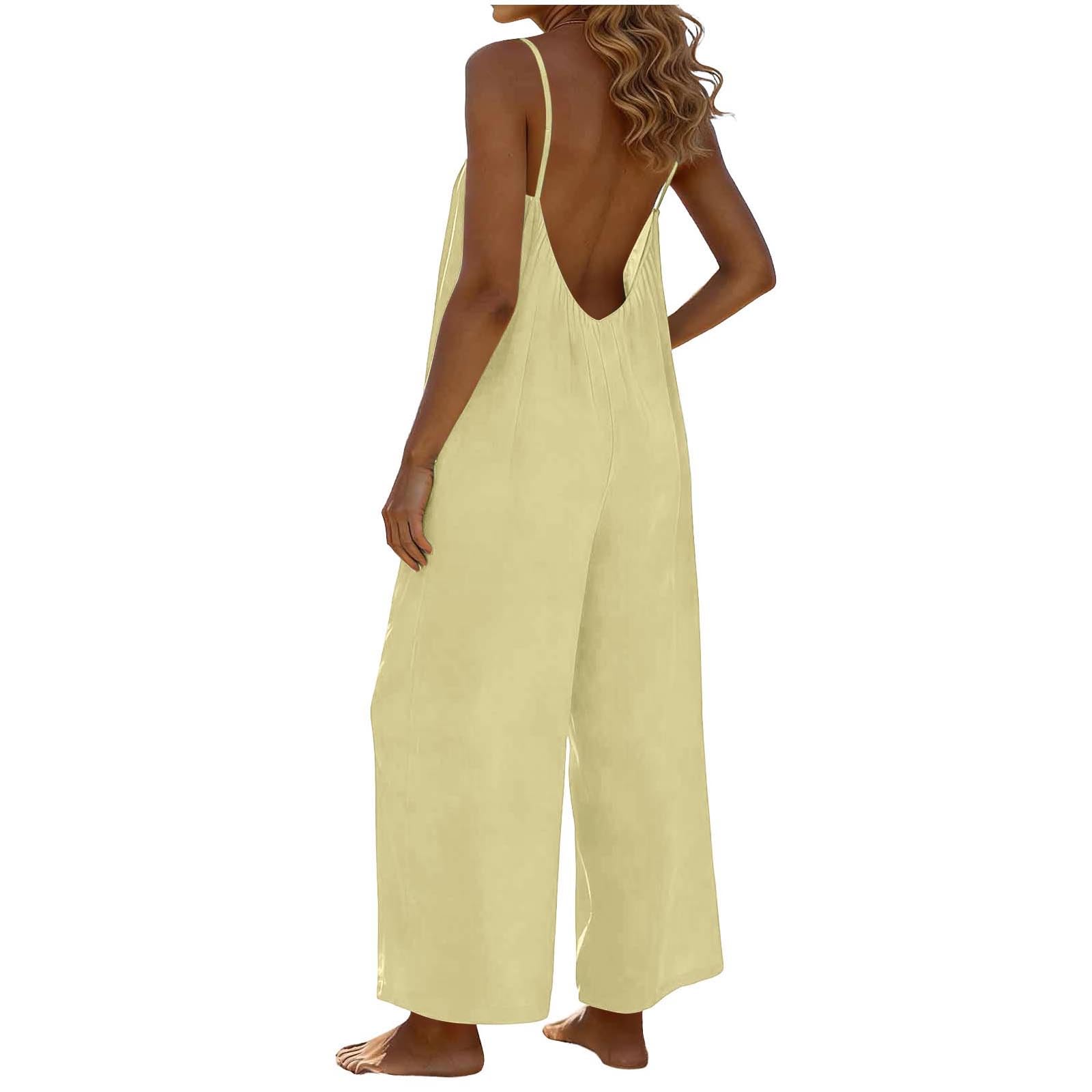 RLEHJN Jumpsuit Damen Sommer,Ärmellos Overall Lang Casual Hosenanzug Sexy V-Ausschnitt Spaghettiträger Romper Loose Fit Playsuit Elegant Einteiler Weites Bein Latzhose Freizeithose mit Taschen