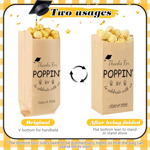 Image of AmazingSpark 100 Pcs Class of 2026 Graduation Popcorn Bags with Stickers Thanks for Popping by Popcorn Bags to Celebrate Smile Style Grease Resistant Paper Individual Servings for Party Favors (Brown)