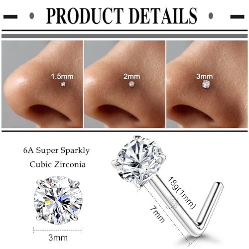 MILACOLATO 925 Sterling Silver Nose Studs, 18G 20G L Shaped Nose Rings, Simulated Diamond CZ Hypoallergenic Nose Piercings for Women Men 1.5 2 3MM3
