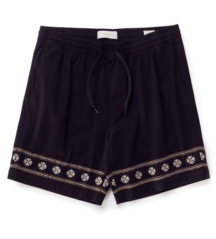 PacSun Men's Black Floral Embroidered Volley Shorts