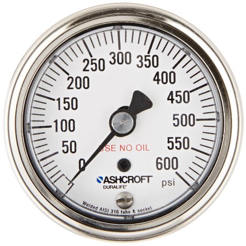 Ashcroft Duralife Type 1009SW Stainless Steel Case Dry Filled Pressure Gauge, Clean for Gaseous Oxygen Service, Stainless Steel Tube and Socket, 2-1/2