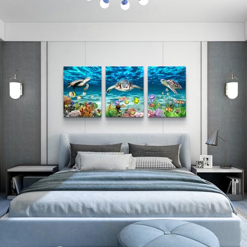Lapremoly Large Canvas Wall Art for Living Room Wall Decor for Bedroom Bathroom Wall Decoration Ocean Sea Turtle Scenery Paintings Modern Pictures Artwork office Ready to Hang Home Decor 3 Pieces