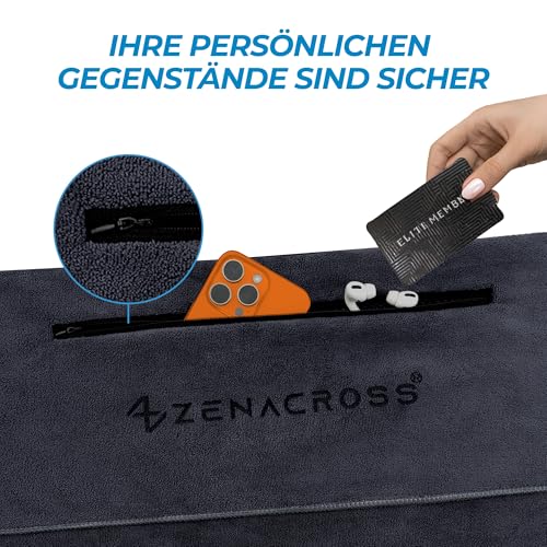 ZENACROSS - Fitness Handtuch Mikrofaser 120x50 - Schnelltrocknend, Reißverschlusstasche - Weiches Sporthandtuch fürs Fitnessstudio & Gym - Dunkelgrau 3