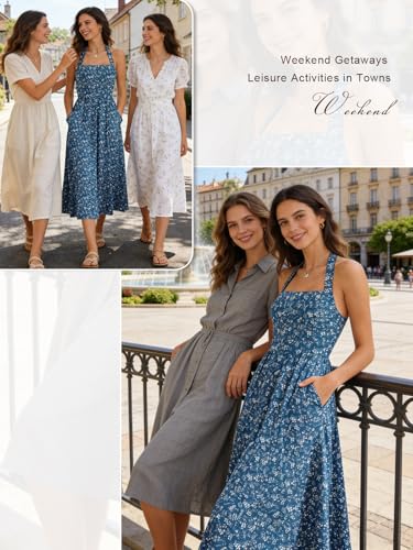 Image of YIOYOLA Women Sleeveless Halter Sleeveless Drop Waist Corset Midi Dress Swing Flowy Beach Sundresses with Pockets
